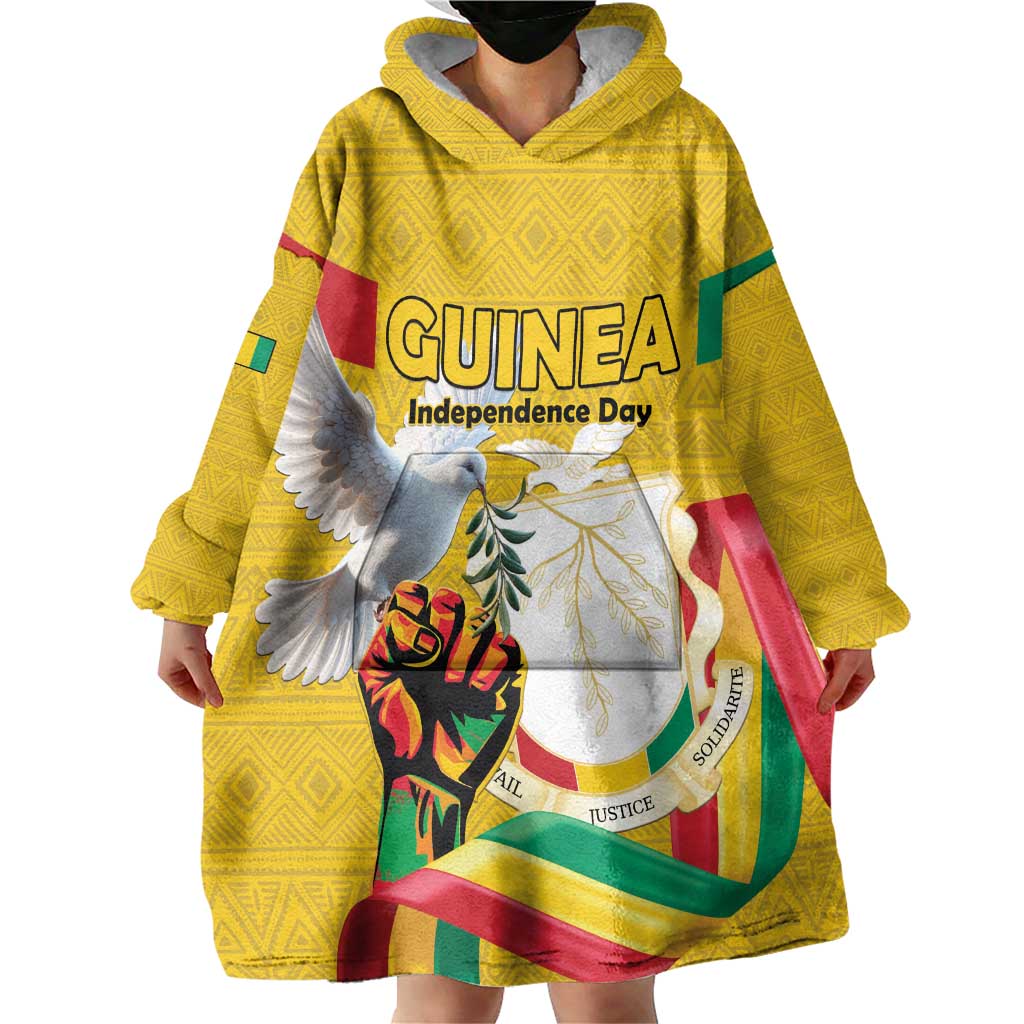 Personalized Guinea Independence Day Wearable Blanket Hoodie Coat Of Arms With African Pattern - Wonder Print Shop
