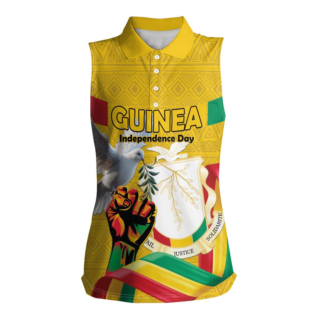 Personalized Guinea Independence Day Women Sleeveless Polo Shirt Coat Of Arms With African Pattern - Wonder Print Shop