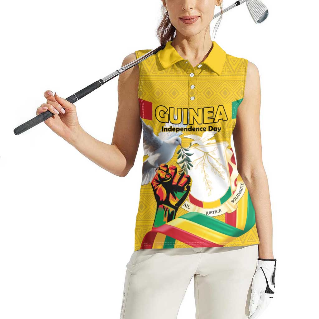 Personalized Guinea Independence Day Women Sleeveless Polo Shirt Coat Of Arms With African Pattern - Wonder Print Shop