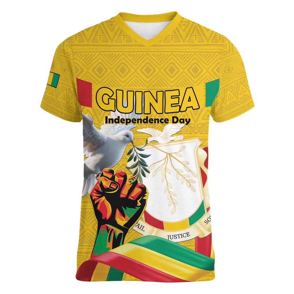 Personalized Guinea Independence Day Women V-Neck T-Shirt Coat Of Arms With African Pattern - Wonder Print Shop