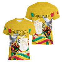 Personalized Guinea Independence Day Women V-Neck T-Shirt Coat Of Arms With African Pattern - Wonder Print Shop