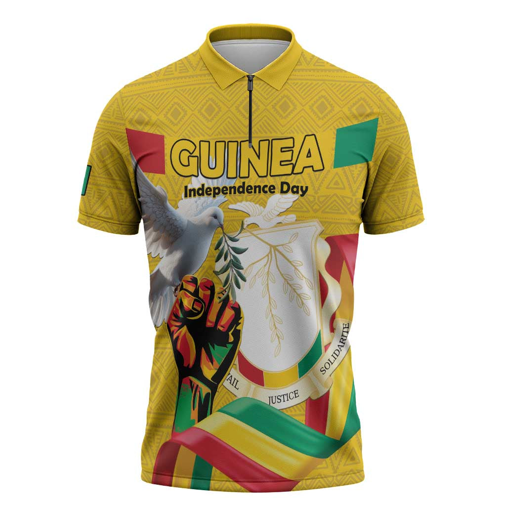 Personalized Guinea Independence Day Zipper Polo Shirt Coat Of Arms With African Pattern - Wonder Print Shop