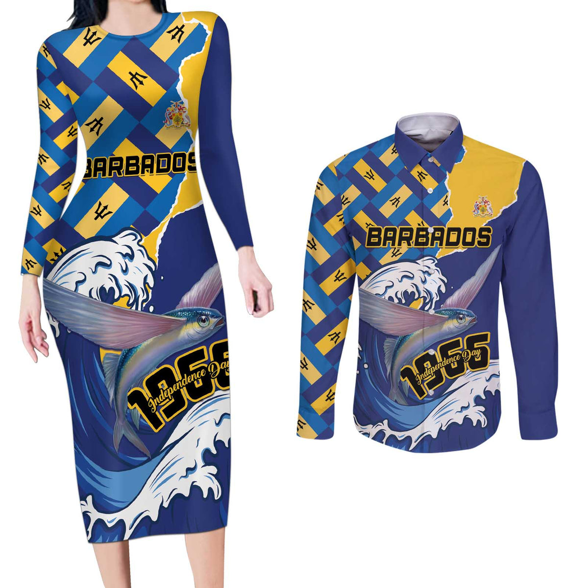 Personalised Barbados Independence Day Couples Matching Long Sleeve Bodycon Dress and Long Sleeve Button Shirt Flying Fish Flag Pattern - Wonder Print Shop