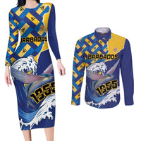 Personalised Barbados Independence Day Couples Matching Long Sleeve Bodycon Dress and Long Sleeve Button Shirt Flying Fish Flag Pattern - Wonder Print Shop