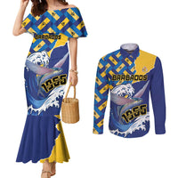 Personalised Barbados Independence Day Couples Matching Mermaid Dress and Long Sleeve Button Shirt Flying Fish Flag Pattern