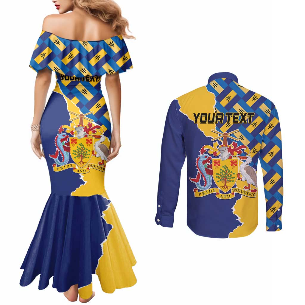 Personalised Barbados Independence Day Couples Matching Mermaid Dress and Long Sleeve Button Shirt Flying Fish Flag Pattern