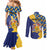 Personalised Barbados Independence Day Couples Matching Mermaid Dress and Long Sleeve Button Shirt Flying Fish Flag Pattern