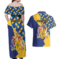 Personalised Barbados Independence Day Couples Matching Off Shoulder Maxi Dress and Hawaiian Shirt Flying Fish Flag Pattern - Wonder Print Shop