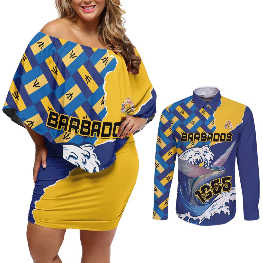 Personalised Barbados Independence Day Couples Matching Off Shoulder Short Dress and Long Sleeve Button Shirt Flying Fish Flag Pattern - Wonder Print Shop
