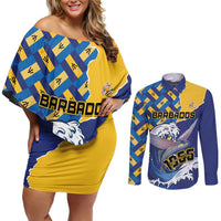 Personalised Barbados Independence Day Couples Matching Off Shoulder Short Dress and Long Sleeve Button Shirt Flying Fish Flag Pattern - Wonder Print Shop