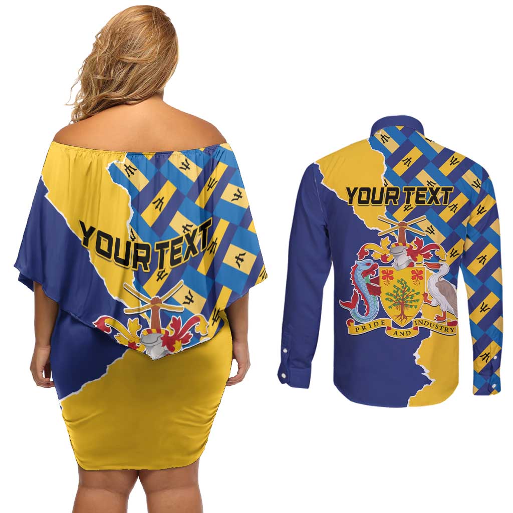 Personalised Barbados Independence Day Couples Matching Off Shoulder Short Dress and Long Sleeve Button Shirt Flying Fish Flag Pattern - Wonder Print Shop