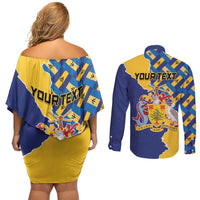 Personalised Barbados Independence Day Couples Matching Off Shoulder Short Dress and Long Sleeve Button Shirt Flying Fish Flag Pattern - Wonder Print Shop