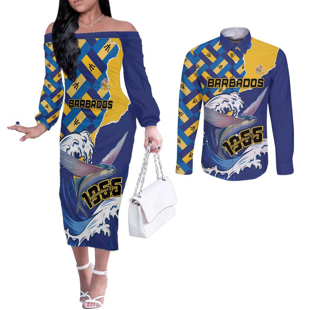 Personalised Barbados Independence Day Couples Matching Off The Shoulder Long Sleeve Dress and Long Sleeve Button Shirt Flying Fish Flag Pattern