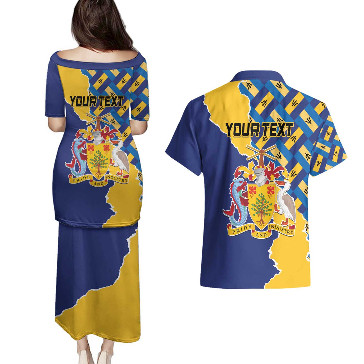 Personalised Barbados Independence Day Couples Matching Puletasi and Hawaiian Shirt Flying Fish Flag Pattern - Wonder Print Shop