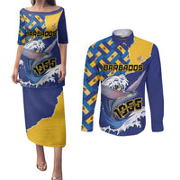 Personalised Barbados Independence Day Couples Matching Puletasi and Long Sleeve Button Shirt Flying Fish Flag Pattern - Wonder Print Shop