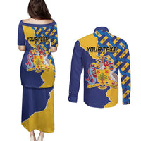 Personalised Barbados Independence Day Couples Matching Puletasi and Long Sleeve Button Shirt Flying Fish Flag Pattern - Wonder Print Shop