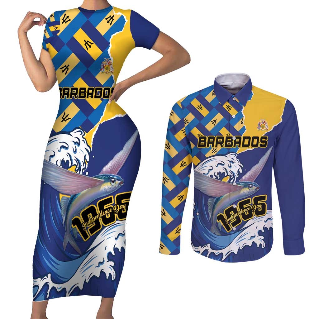 Personalised Barbados Independence Day Couples Matching Short Sleeve Bodycon Dress and Long Sleeve Button Shirt Flying Fish Flag Pattern - Wonder Print Shop