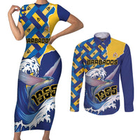 Personalised Barbados Independence Day Couples Matching Short Sleeve Bodycon Dress and Long Sleeve Button Shirt Flying Fish Flag Pattern - Wonder Print Shop