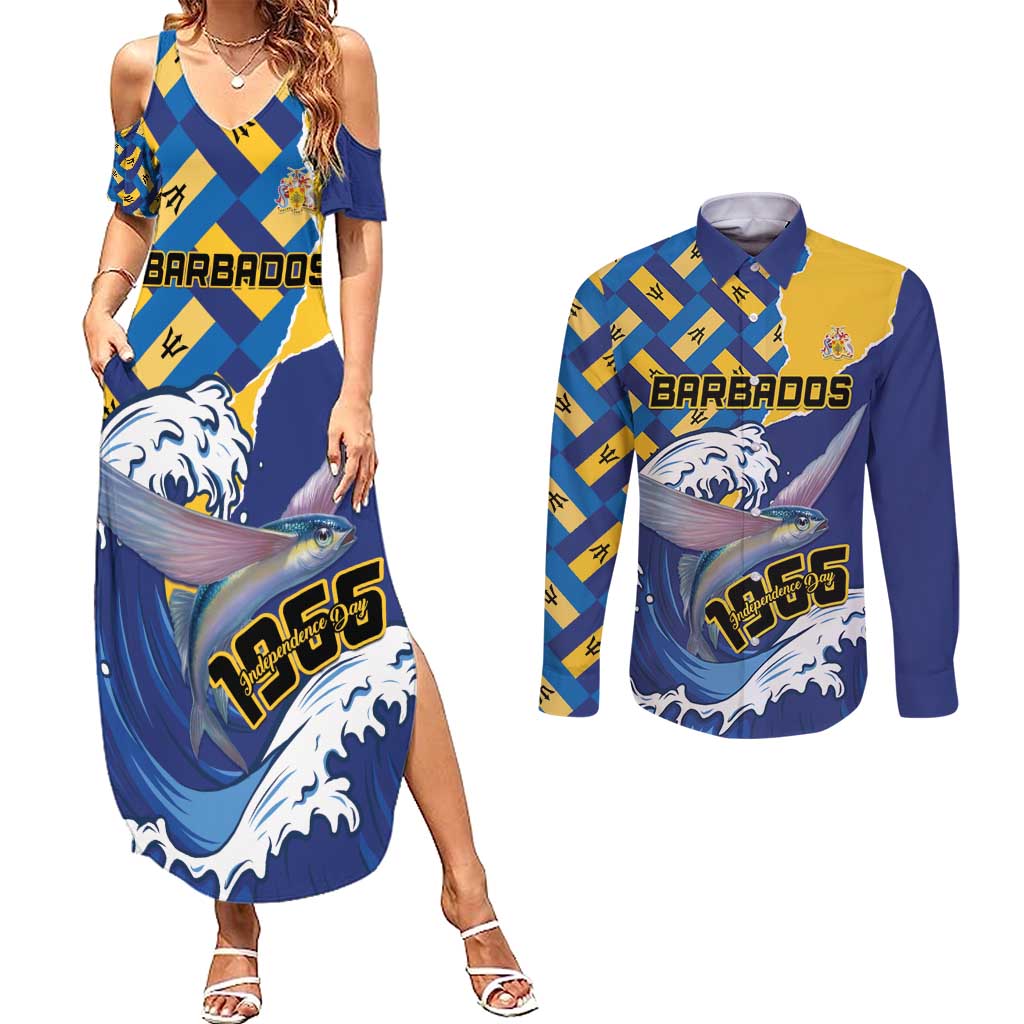 Personalised Barbados Independence Day Couples Matching Summer Maxi Dress and Long Sleeve Button Shirt Flying Fish Flag Pattern - Wonder Print Shop