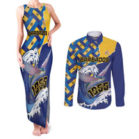 Personalised Barbados Independence Day Couples Matching Tank Maxi Dress and Long Sleeve Button Shirt Flying Fish Flag Pattern - Wonder Print Shop