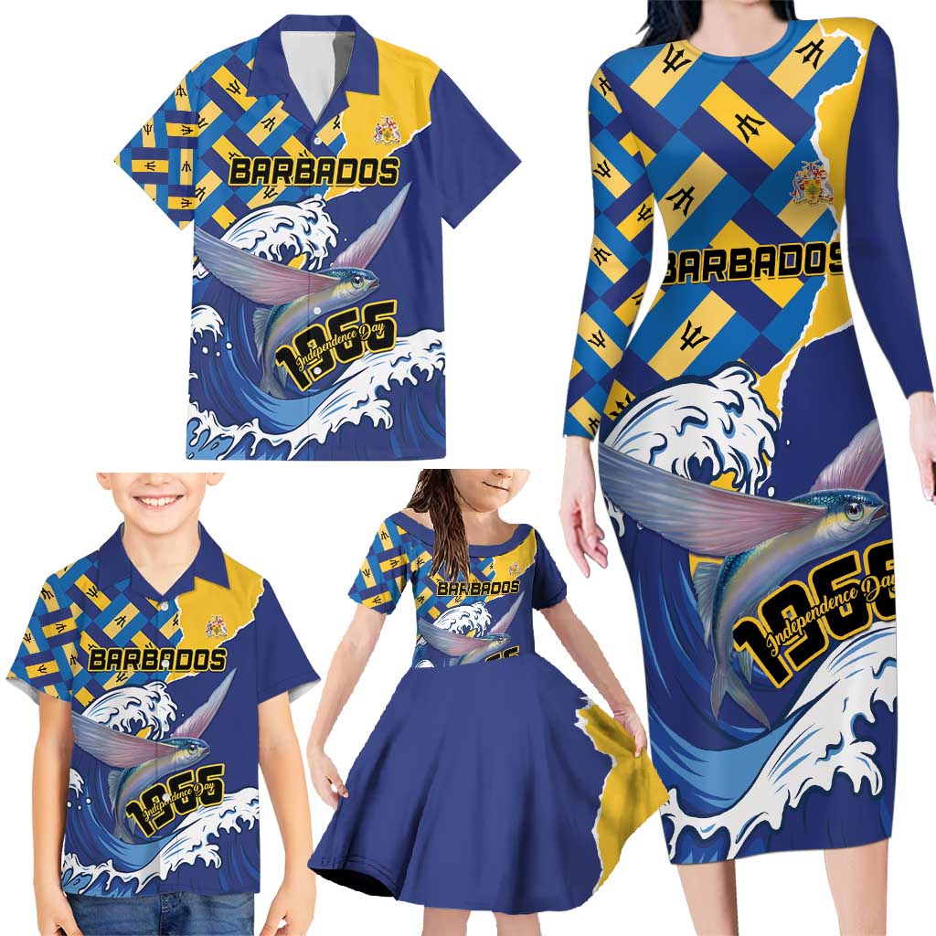 Personalised Barbados Independence Day Family Matching Long Sleeve Bodycon Dress and Hawaiian Shirt Flying Fish Flag Pattern - Wonder Print Shop