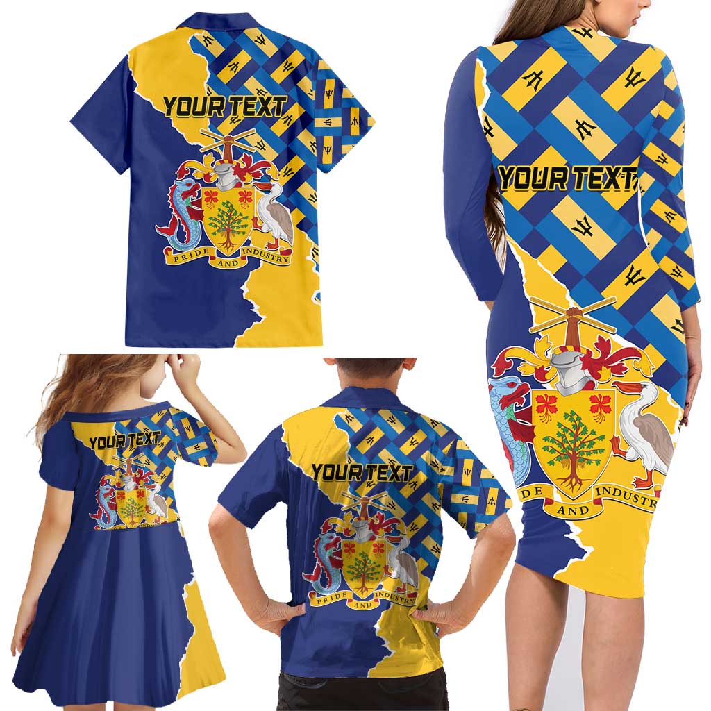 Personalised Barbados Independence Day Family Matching Long Sleeve Bodycon Dress and Hawaiian Shirt Flying Fish Flag Pattern - Wonder Print Shop