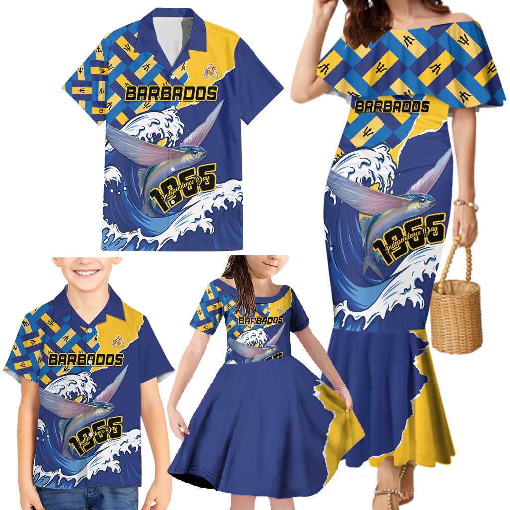 Personalised Barbados Independence Day Family Matching Mermaid Dress and Hawaiian Shirt Flying Fish Flag Pattern - Wonder Print Shop
