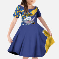 Personalised Barbados Independence Day Family Matching Off The Shoulder Long Sleeve Dress and Hawaiian Shirt Flying Fish Flag Pattern - Wonder Print Shop