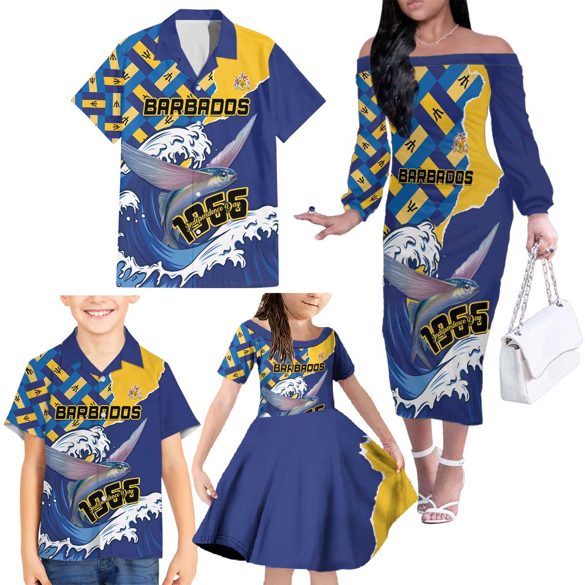 Personalised Barbados Independence Day Family Matching Off The Shoulder Long Sleeve Dress and Hawaiian Shirt Flying Fish Flag Pattern - Wonder Print Shop