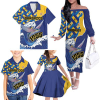 Personalised Barbados Independence Day Family Matching Off The Shoulder Long Sleeve Dress and Hawaiian Shirt Flying Fish Flag Pattern - Wonder Print Shop