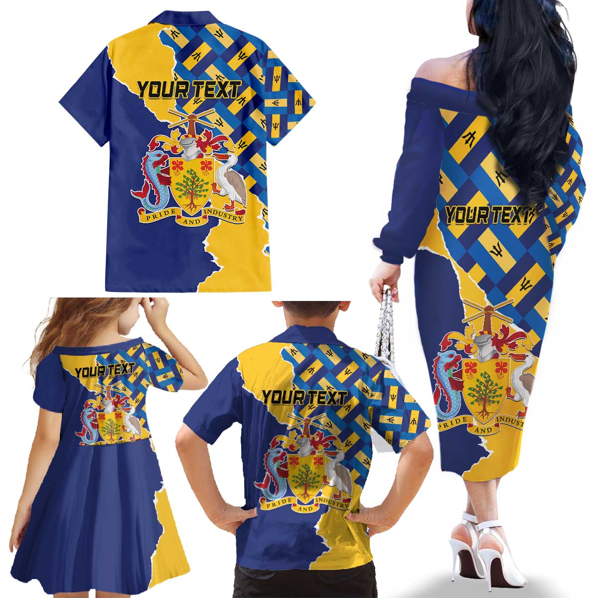 Personalised Barbados Independence Day Family Matching Off The Shoulder Long Sleeve Dress and Hawaiian Shirt Flying Fish Flag Pattern - Wonder Print Shop