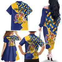 Personalised Barbados Independence Day Family Matching Off The Shoulder Long Sleeve Dress and Hawaiian Shirt Flying Fish Flag Pattern - Wonder Print Shop