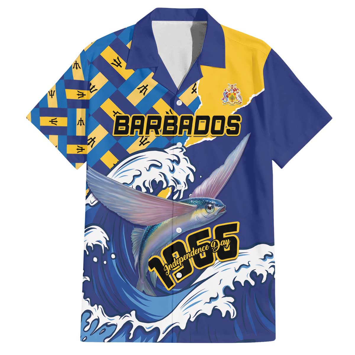 Personalised Barbados Independence Day Family Matching Off The Shoulder Long Sleeve Dress and Hawaiian Shirt Flying Fish Flag Pattern - Wonder Print Shop