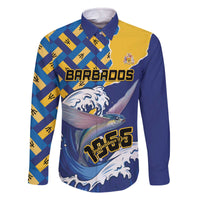 Personalised Barbados Independence Day Family Matching Off The Shoulder Long Sleeve Dress and Hawaiian Shirt Flying Fish Flag Pattern - Wonder Print Shop