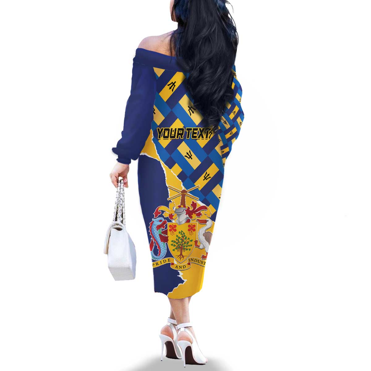 Personalised Barbados Independence Day Family Matching Off The Shoulder Long Sleeve Dress and Hawaiian Shirt Flying Fish Flag Pattern - Wonder Print Shop