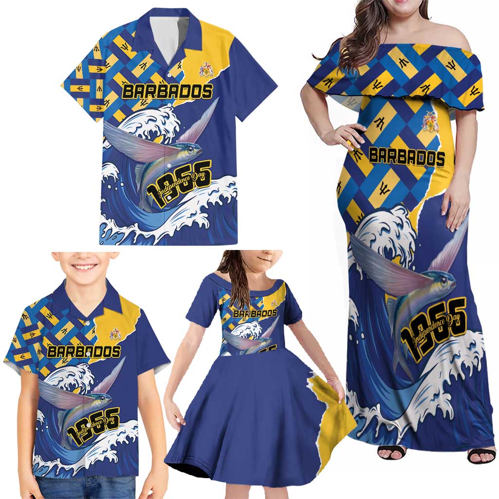 Personalised Barbados Independence Day Family Matching Off Shoulder Maxi Dress and Hawaiian Shirt Flying Fish Flag Pattern - Wonder Print Shop