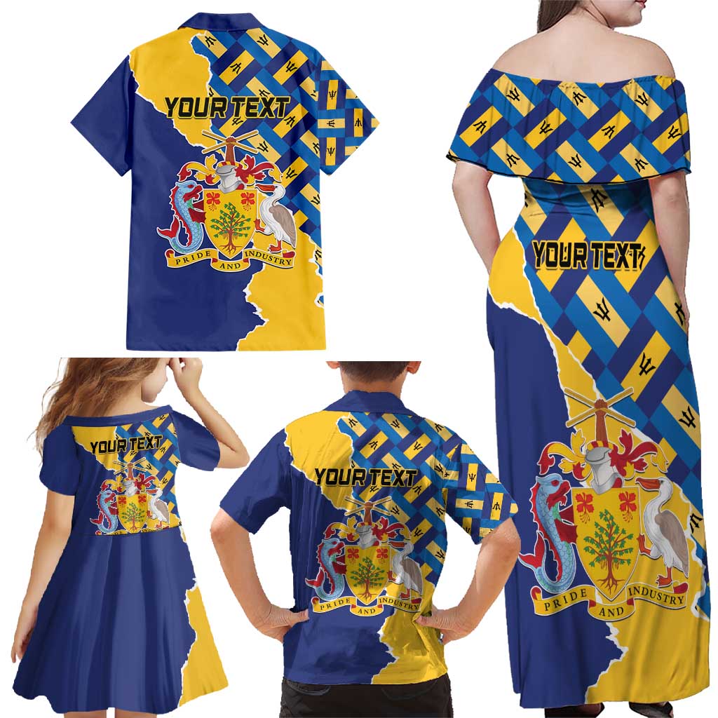 Personalised Barbados Independence Day Family Matching Off Shoulder Maxi Dress and Hawaiian Shirt Flying Fish Flag Pattern - Wonder Print Shop