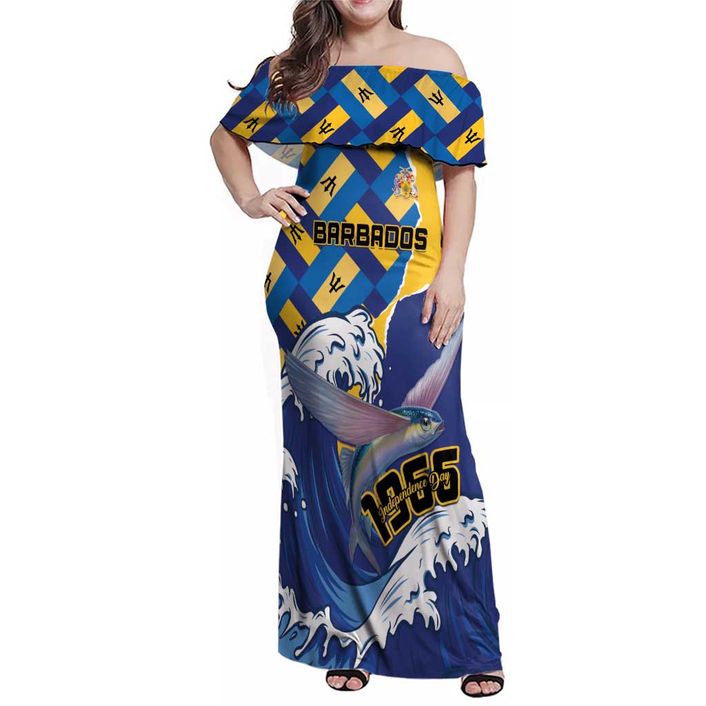 Personalised Barbados Independence Day Family Matching Off Shoulder Maxi Dress and Hawaiian Shirt Flying Fish Flag Pattern - Wonder Print Shop