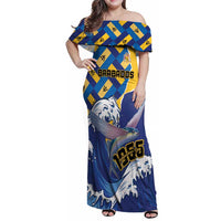 Personalised Barbados Independence Day Family Matching Off Shoulder Maxi Dress and Hawaiian Shirt Flying Fish Flag Pattern - Wonder Print Shop