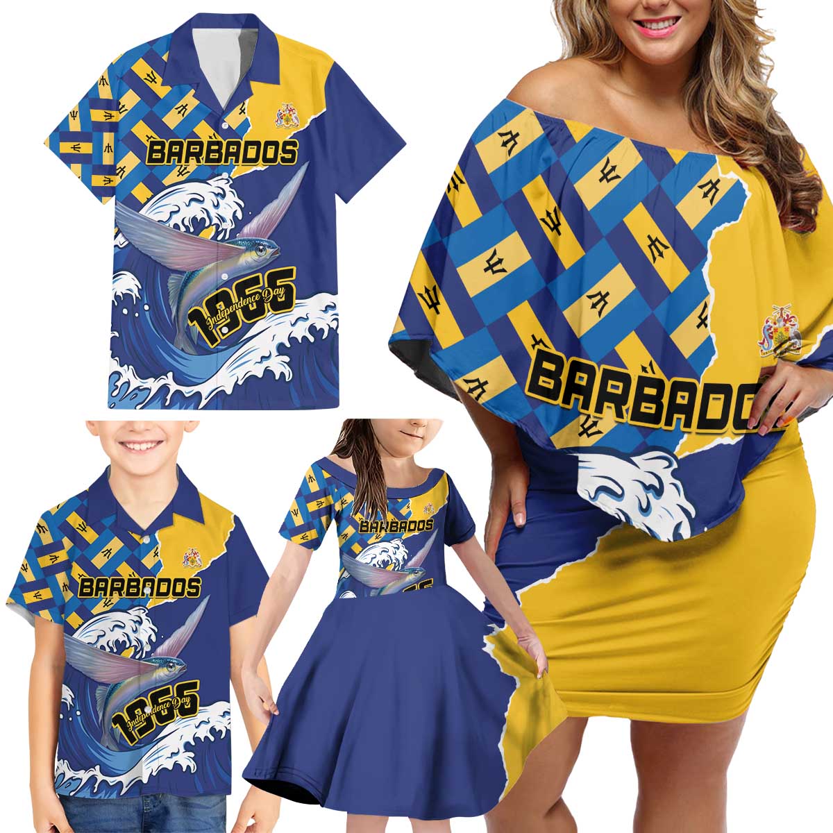 Personalised Barbados Independence Day Family Matching Off Shoulder Short Dress and Hawaiian Shirt Flying Fish Flag Pattern - Wonder Print Shop