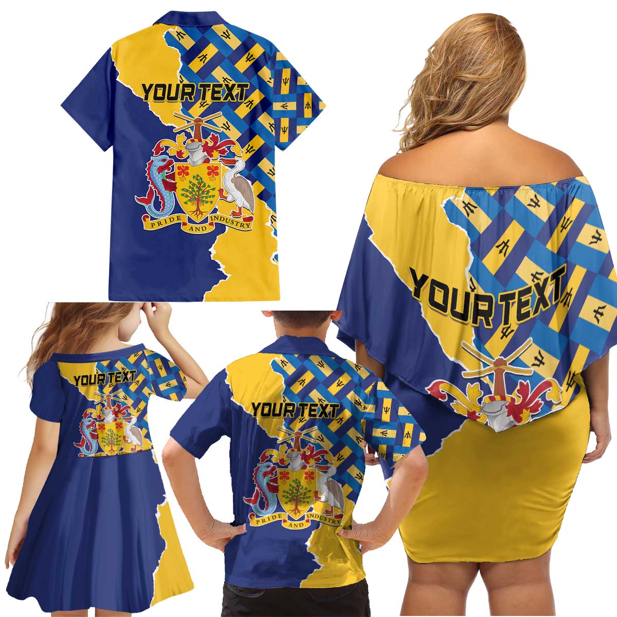 Personalised Barbados Independence Day Family Matching Off Shoulder Short Dress and Hawaiian Shirt Flying Fish Flag Pattern - Wonder Print Shop