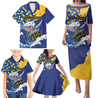 Personalised Barbados Independence Day Family Matching Puletasi and Hawaiian Shirt Flying Fish Flag Pattern - Wonder Print Shop