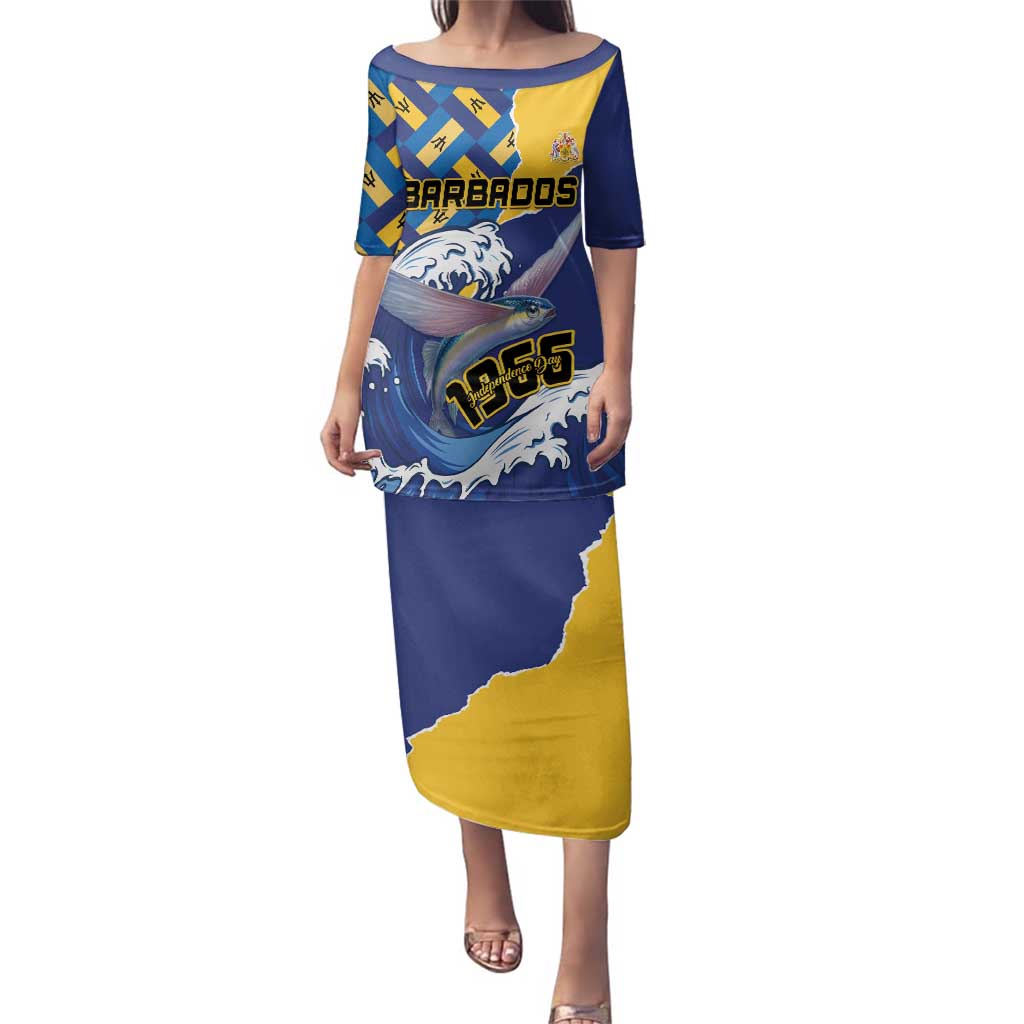 Personalised Barbados Independence Day Family Matching Puletasi and Hawaiian Shirt Flying Fish Flag Pattern - Wonder Print Shop