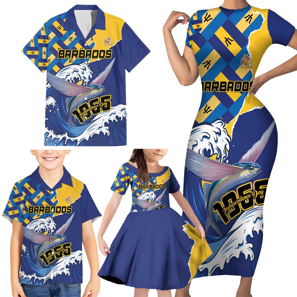 Personalised Barbados Independence Day Family Matching Short Sleeve Bodycon Dress and Hawaiian Shirt Flying Fish Flag Pattern - Wonder Print Shop