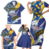 Personalised Barbados Independence Day Family Matching Short Sleeve Bodycon Dress and Hawaiian Shirt Flying Fish Flag Pattern - Wonder Print Shop