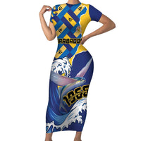 Personalised Barbados Independence Day Family Matching Short Sleeve Bodycon Dress and Hawaiian Shirt Flying Fish Flag Pattern - Wonder Print Shop