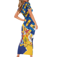 Personalised Barbados Independence Day Family Matching Short Sleeve Bodycon Dress and Hawaiian Shirt Flying Fish Flag Pattern - Wonder Print Shop