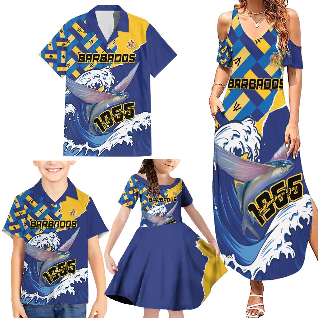 Personalised Barbados Independence Day Family Matching Summer Maxi Dress and Hawaiian Shirt Flying Fish Flag Pattern - Wonder Print Shop
