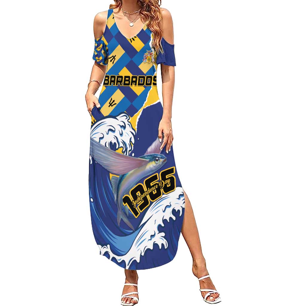 Personalised Barbados Independence Day Family Matching Summer Maxi Dress and Hawaiian Shirt Flying Fish Flag Pattern - Wonder Print Shop