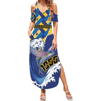 Personalised Barbados Independence Day Family Matching Summer Maxi Dress and Hawaiian Shirt Flying Fish Flag Pattern - Wonder Print Shop